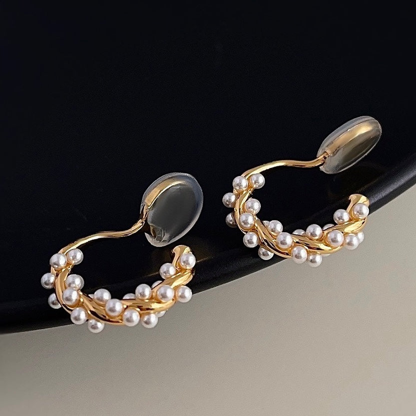 Gold Woven Pearl Hoop Earrings