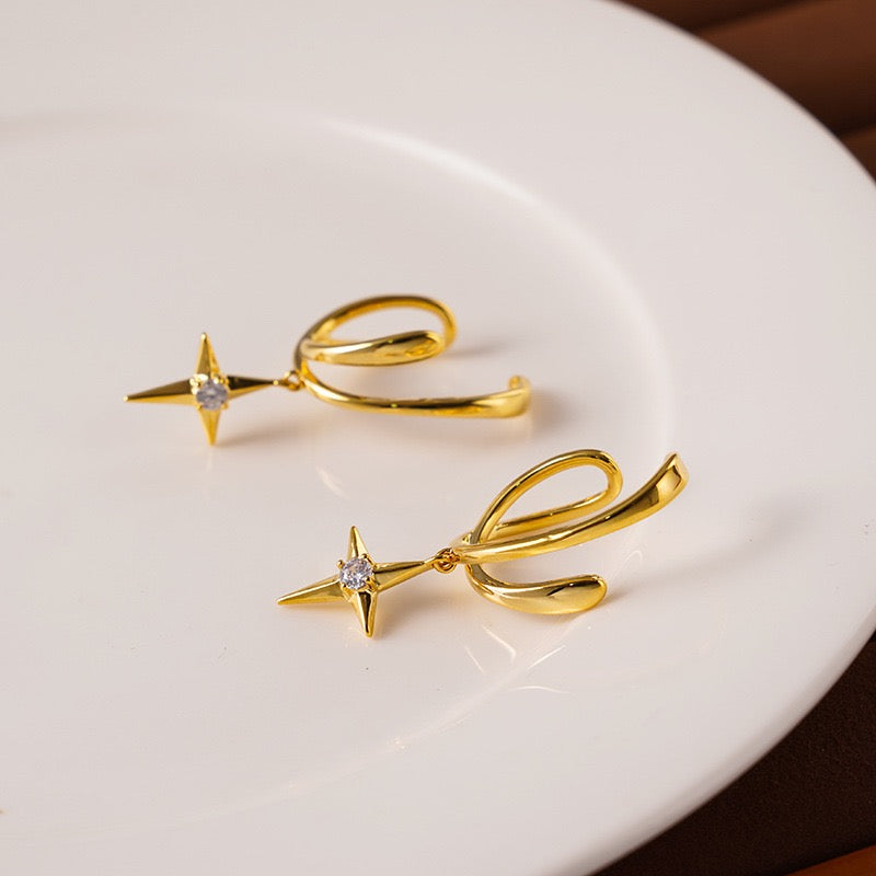 Gold North Star Illusion Drop Clip On Double Hoop Effect