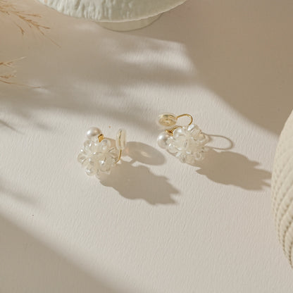 Elegant floral bridesmaid clip-on earrings laid on a soft white background.