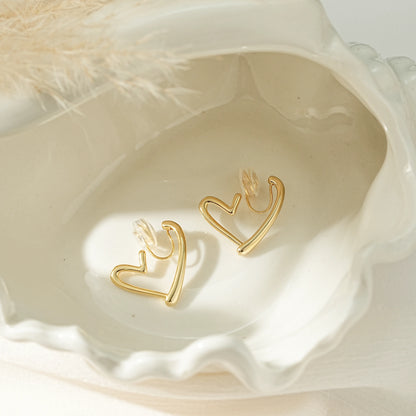 18k gold plated chunky heart hoop clip-on earrings, front view showing the bold shape for unpierced ears.